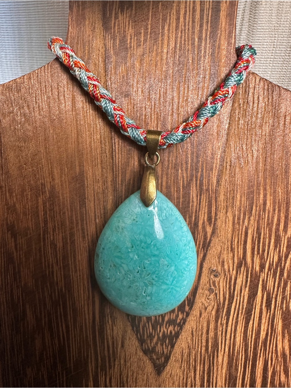 Handcrafted Green Coral Fossil Teardrop Pendant Necklace on Multicolor Rope